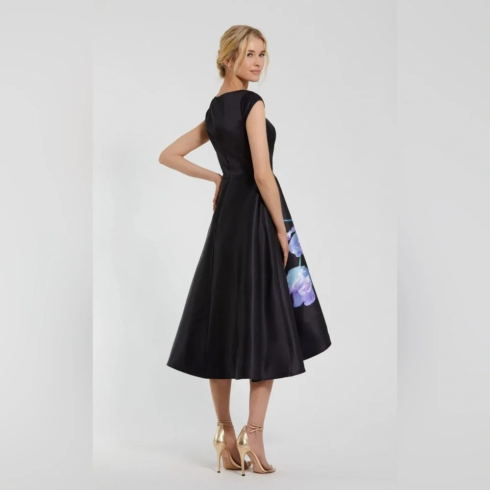 MAC DUGGAL
Black Satin Cap Sleeve Midi Dress With Floral Print Wedding Guest - Picture 3 of 3